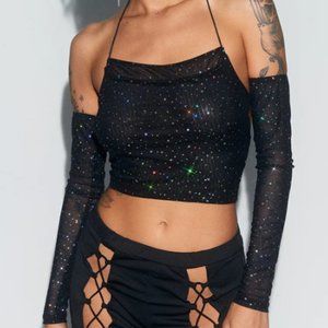 SOLADO Halter Neck Glitter Backless Crop Top With Oversleeve